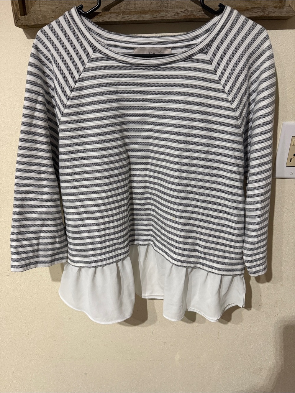 LOFT Striped Mixed Media Layered Ruffle Shirttail Top